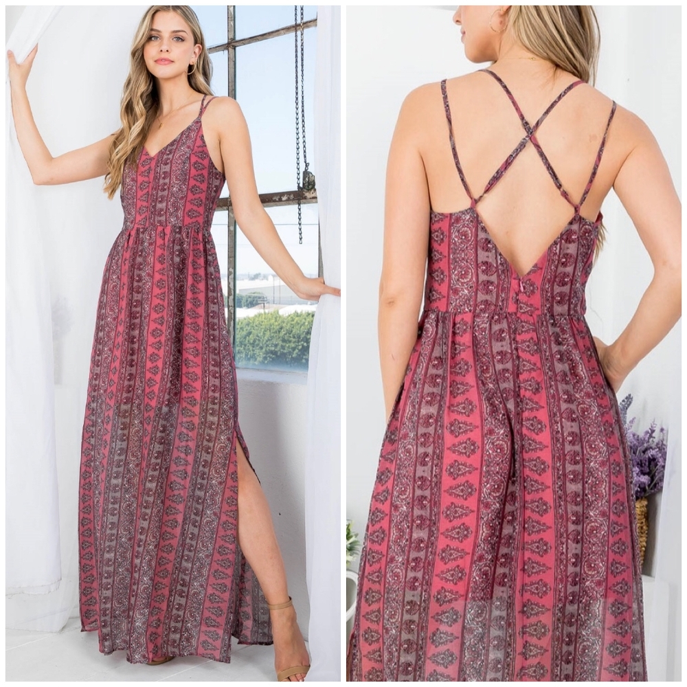 DOE & RAE Boho Chic Pink Cross Back Maxi Dress - Picture 3 of 9